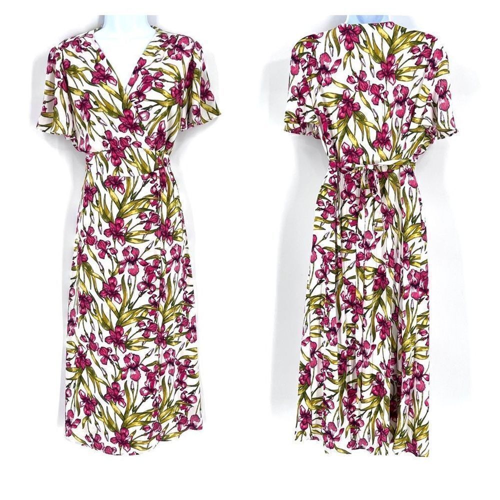 June & Hudson Women's Floral Wrap Dress Maxi Spring Tie Back Red White Size larg